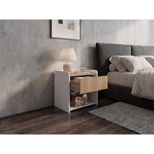 Mesa de Noche Fidelis, Kronos Blanco y Kronos Fresno, Un cajón y Amplia Superficie para poner objetos ZF