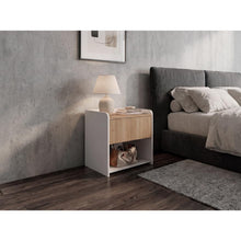 Mesa de Noche Fidelis, Kronos Blanco y Kronos Fresno, Un cajón y Amplia Superficie para poner objetos ZF