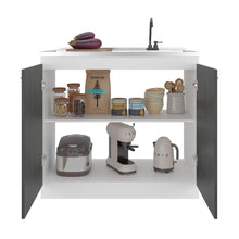 Gabinete Inferior Cantabria, Kronos Blanco y Roble Gris, con dos Puertas Abatibles- Mesón derecho y Grifería ZF