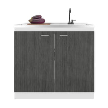 Gabinete Inferior Cantabria, Kronos Blanco y Roble Gris, con dos Puertas Abatibles- Mesón derecho y Grifería ZF