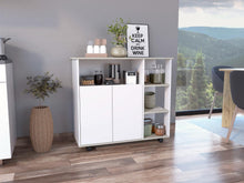Mesa Auxiliar de Cocina Paprica, Blanco Niebla, con rodachina y rodachina de freno