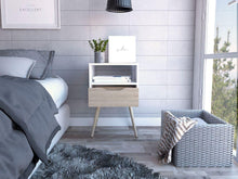 Mesa de Noche Alesio, Blanco y Beige, con Un Cajón