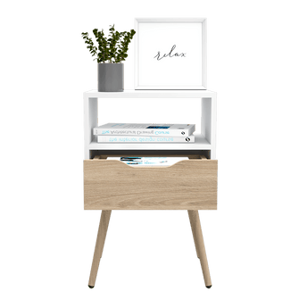 Mesa de Noche Alesio, Blanco y Beige, con Un Cajón