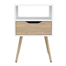 Mesa de Noche Alesio, Blanco y Beige, con Patas cortas en Madera y un Cajón