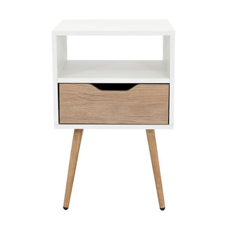Mesa de Noche Alesio, Blanco y Beige, con Un Cajón