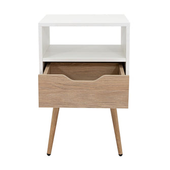 Mesa de Noche Alesio, Blanco y Beige, con Un Cajón
