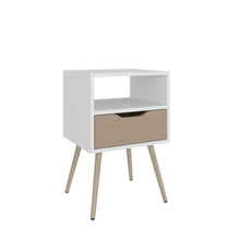 Set de 2 Mesas de Noche Alesio, Blanco y Cartagena, con Patas en Madera y un Cajón