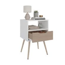 Set de 2 Mesas de Noche Alesio, Blanco y Cartagena, con Patas en Madera y un Cajón