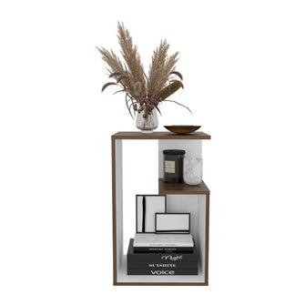 Mesa de Noche Evert, Chocolate y Blanco Duqueza, con diseño moderno y espacio para ubicar objetos