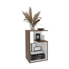 Mesa de Noche Evert, Chocolate y Blanco Duqueza, con diseño moderno y espacio para ubicar objetos