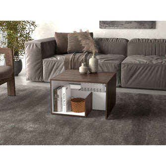 Mesa de Noche Evert, Chocolate y Blanco Duqueza, con diseño moderno y espacio para ubicar objetos