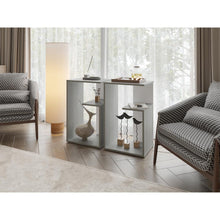 Mesa de Noche Evert, Cemento y Blanco Duqueza, con diseño moderno y espacio para ubicar objetos ZF