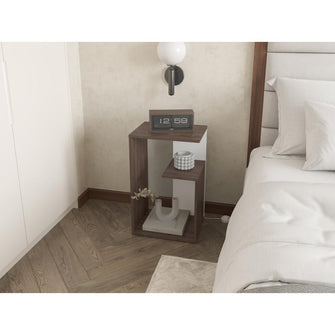 Mesa de Noche Evert, Coñac y Blanco Duqueza, con diseño moderno y espacio para ubicar objetos ZF