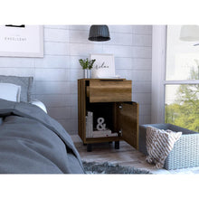 Mesa de Noche Wesley, Cobre y Wengue, con Una Puerta y Un Cajón Organizador