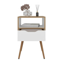 Mesa de Noche Alesio, Fresno Europeo y Blanco, con Patas en Madera y un Cajón X2