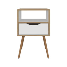 Mesa de Noche Alesio, Fresno Europeo y Blanco, con Patas en Madera y un Cajón X2