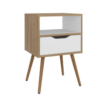 Mesa de Noche Alesio, Fresno Europeo y Blanco, con Patas en Madera y un Cajón X2