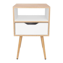 Mesa de Noche Alesio, Café Claro y Blanco, con Patas en Madera y un Cajón