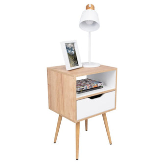 Mesa de Noche Alesio, Café Claro y Blanco, con Patas en Madera y un Cajón X2