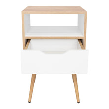 Mesa de Noche Alesio, Café Claro y Blanco, con Patas en Madera y un Cajón