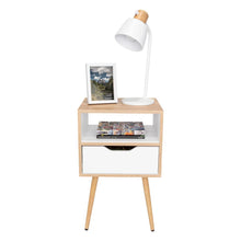 Mesa de Noche Alesio, Café Claro y Blanco, con Patas en Madera y un Cajón X2