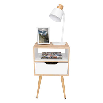 Mesa de Noche Alesio, Café Claro y Blanco, con Patas en Madera y un Cajón X2