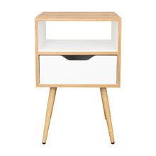 Mesa de Noche Alesio, Fresno Europeo y Blanco, con Patas en Madera y un Cajón