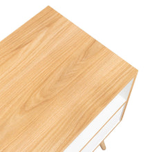 Mesa de Noche Alesio, Fresno Europeo y Blanco, con Patas en Madera y un Cajón