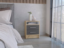 Mesa de Noche Douglas, Beige y Plata Oscuro, con Un Entrepaño Superior y Dos Cajones Organizadores X2