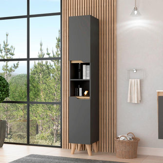 Estanteria de Baño Vicent Alto, Plata Oscuro y Café Claro, con Dos Puertas Abatibles y Entrepaños