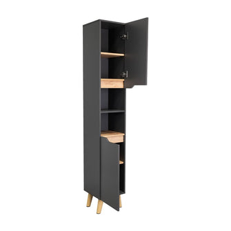 Estanteria de Baño Vicent Alto, Plata Oscuro y Café Claro, con Dos Puertas Abatibles y Entrepaños