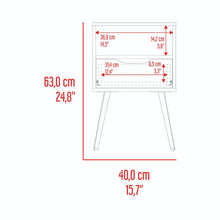 Mesa de Noche Alesio, Fresno Europeo y Blanco Kronos Azul, con Patas en Madera y un Cajón