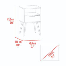 Mesa de Noche Alesio, Fresno Europeo y Blanco Kronos Azul, con Patas en Madera y un Cajón