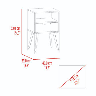 Mesa de Noche Alesio, Fresno Europeo y Blanco Kronos Azul, con Patas en Madera y un Cajón