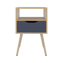 Mesa de Noche Alesio, Fresno Europeo y Blanco Kronos Azul, con Patas en Madera y un Cajón