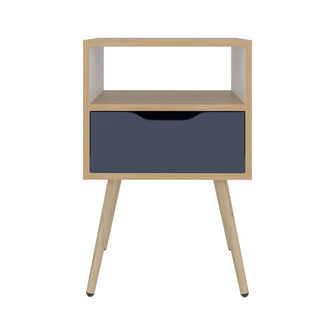 Mesa de Noche Alesio, Fresno Europeo y Blanco Kronos Azul, con Patas en Madera y un Cajón