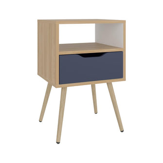 Mesa de Noche Alesio, Fresno Europeo y Blanco Kronos Azul, con Patas en Madera y un Cajón