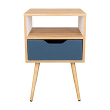 Mesa de Noche Alesio, Fresno Europeo y Blanco Kronos Azul, con Patas en Madera y un Cajón