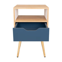 Mesa de Noche Alesio, Fresno Europeo y Blanco Kronos Azul, con Patas en Madera y un Cajón