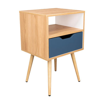 Mesa de Noche Alesio, Fresno Europeo y Blanco Kronos Azul, con Patas en Madera y un Cajón