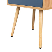 Mesa de Noche Alesio, Fresno Europeo y Blanco Kronos Azul, con Patas en Madera y un Cajón