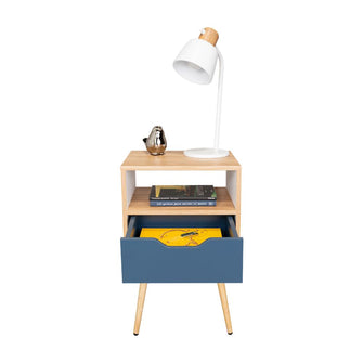 Mesa de Noche Alesio, Fresno Europeo y Blanco Kronos Azul, con Patas en Madera y un Cajón