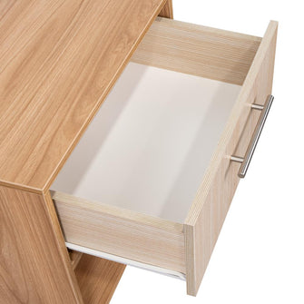 Mesa de Noche Sevin, Fresno Europeo, con espacio para colocar objetos y con deslizadores plásticos