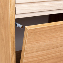 Mesa de Noche Wandda, Fresno Europeo y Roble Natural, con un cajón para guardar objetos