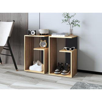 Mesa de Noche Evert, Fresno Europeo y Wengue, con diseño moderno y espacio para ubicar objetos