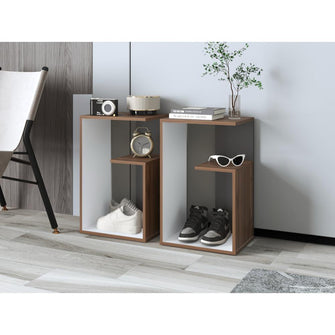 Mesa de Noche Evert, Castaño y Blanco Duqueza, con diseño moderno y espacio para ubicar objetos