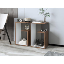 Mesa de Noche Evert, Castaño y Blanco Duqueza, con diseño moderno y espacio para ubicar objetos