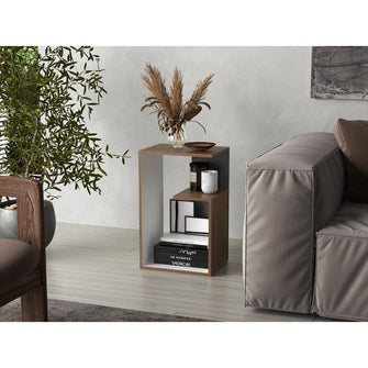 Mesa de Noche Evert, Castaño y Blanco Duqueza, con diseño moderno y espacio para ubicar objetos