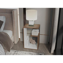 Mesa de Noche Evert, Castaño y Blanco Duqueza, con diseño moderno y espacio para ubicar objetos