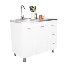 Gabinete Inferior Stella, Blanco Perla, con Dos Puertas Batientes y Tres Cajones Deslizables, con Mesón Izquierdo